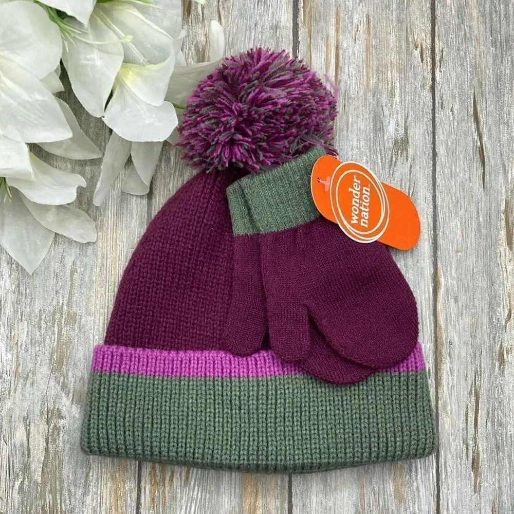 Baby Toddler Girls Knit Beanie Hat & Gloves Winter Cozy 2-Piece Set